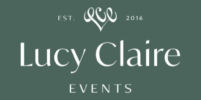 Lucy Claire Events logo on a Dark green background in white text