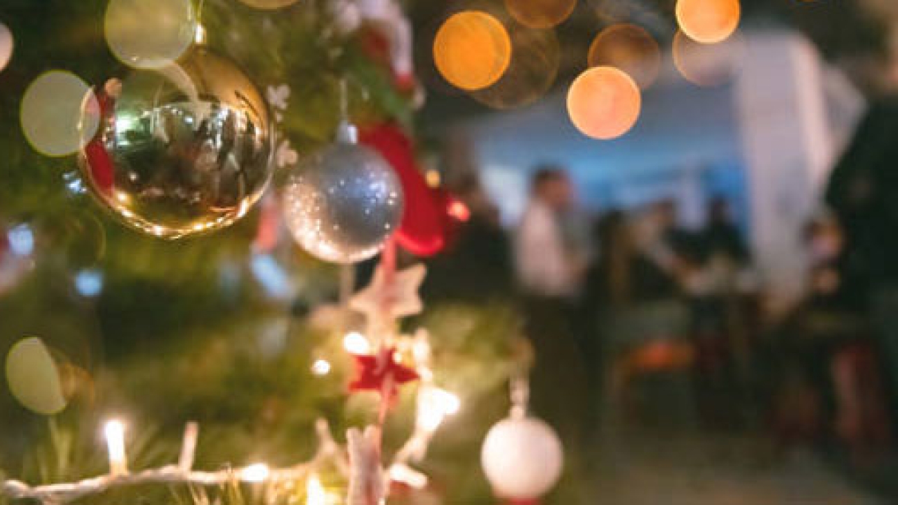 Close up of decorations on a Christmas tree
