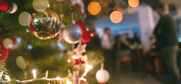 Close up of decorations on a Christmas tree