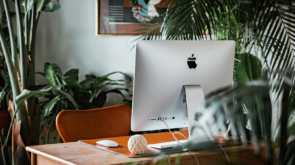 A mac computer on a desk at home surrounded by green plants