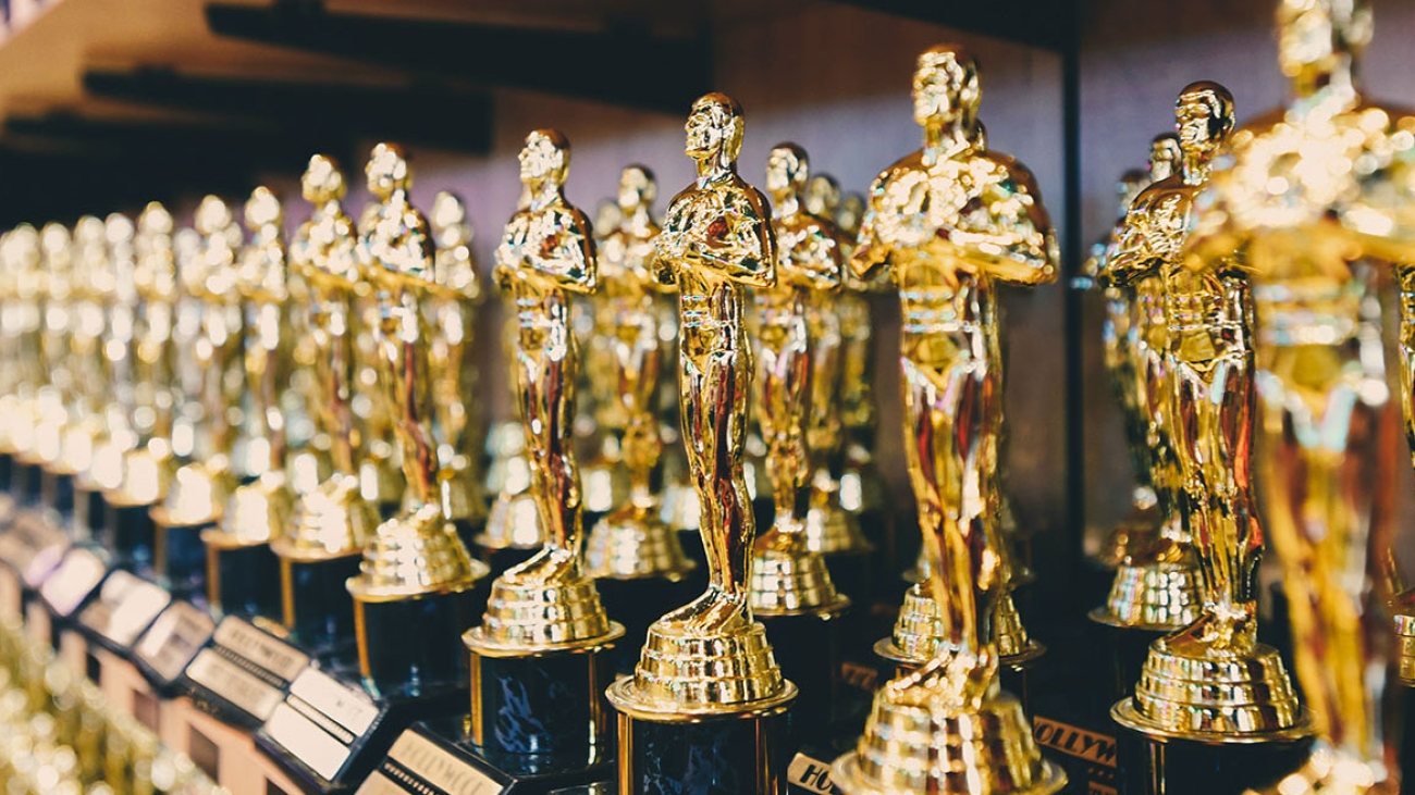 Awards lined up at an awards ceremony