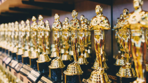 Awards lined up at an awards ceremony
