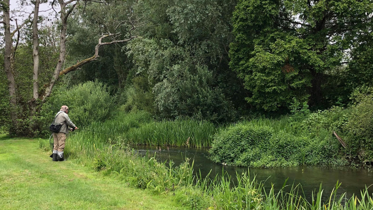 A man fishing at the side of the river