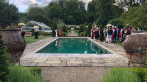 Event outside next to an outdoor pool