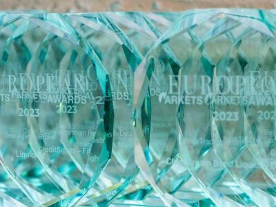 Glass awards displayed together before collection